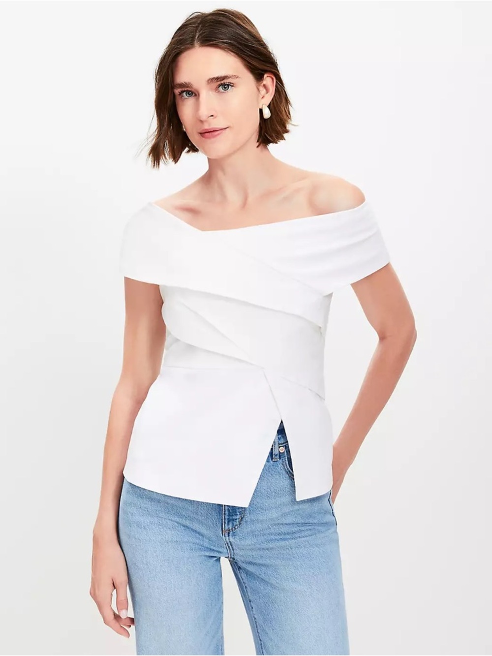 NWT LOFT Versa Seasonless Stretch Asymmetrical Off The Shoulder Top white 14